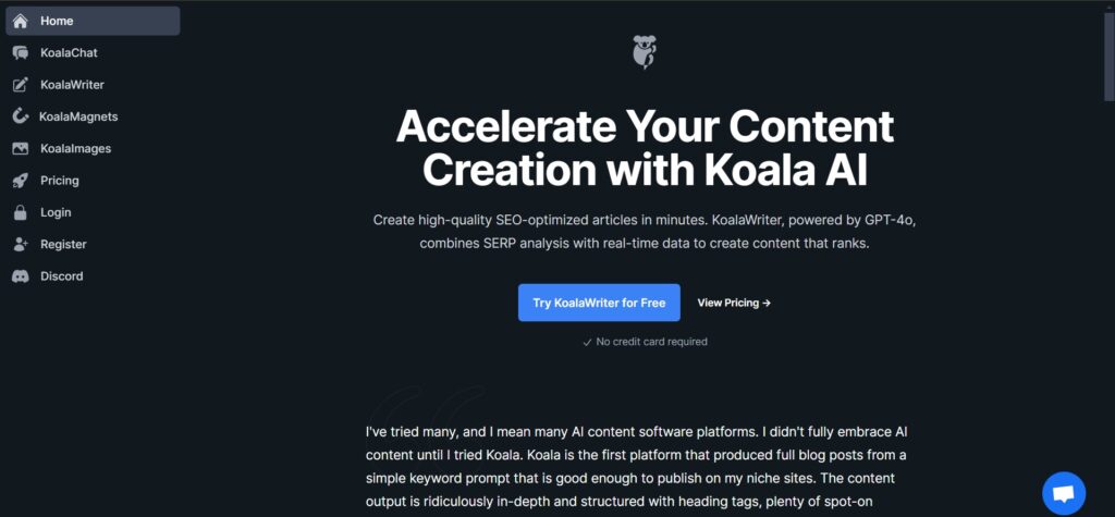 Koala AI App Homepage