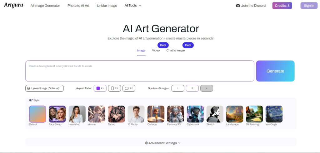 Artguru AI App Homepage