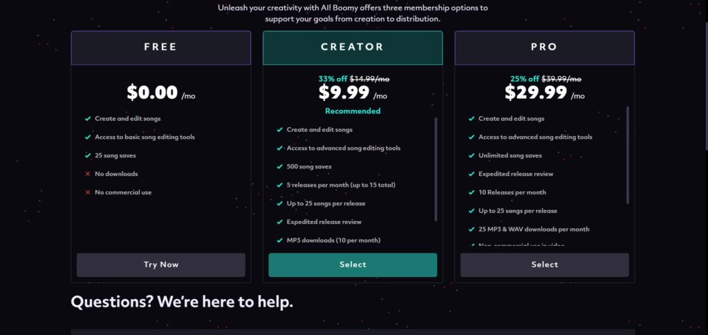 Boomy AI App Pricing