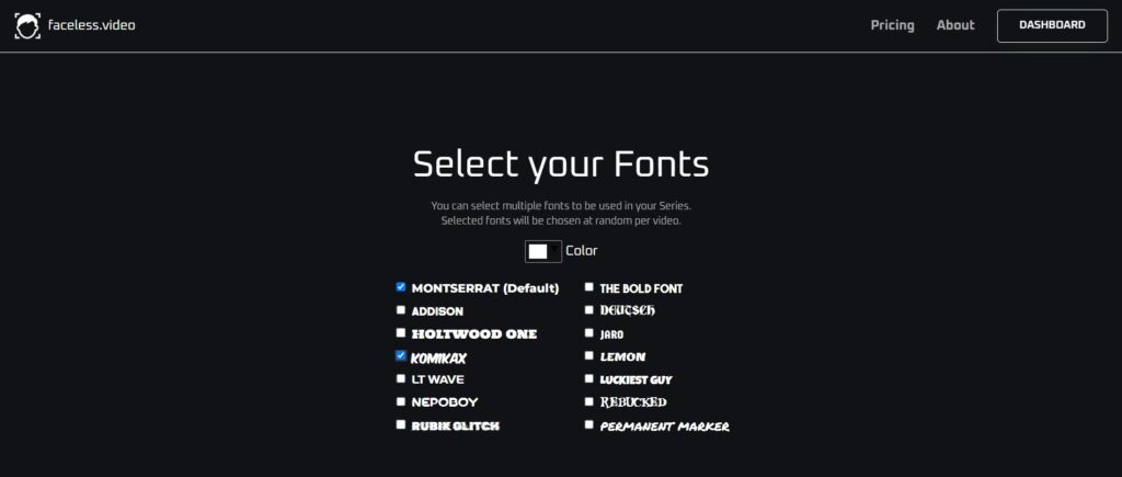 Faceless. Video AI App Font Selection