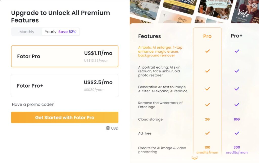 Fotor AI App Pricing