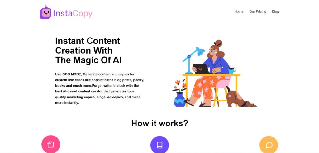 Instacopy AI App Homepage