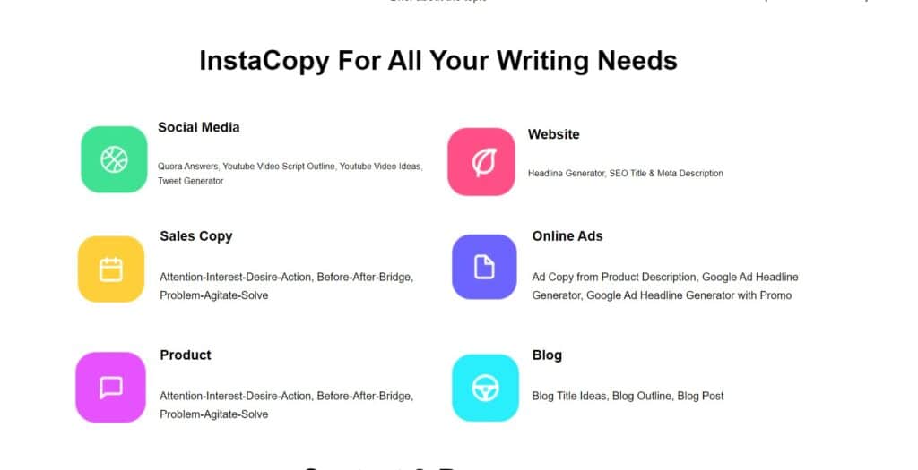 Instacopy AI App Writing Tools