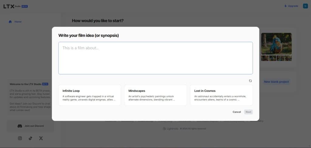 LTX Studio AI App Film Idea
