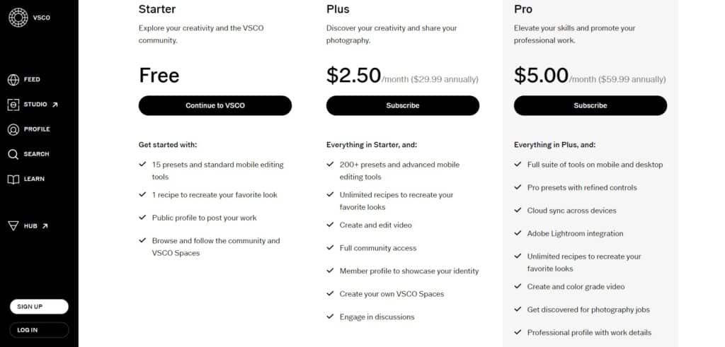 VSCO AI App Pricing