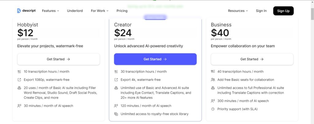 Descript AI App Pricing