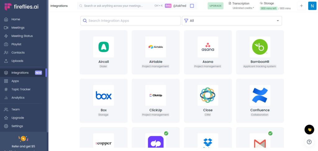 Fireflies AI app Integrations