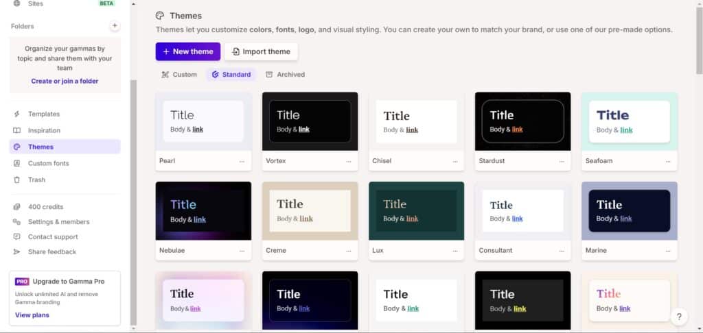 Gamma AI App Themes