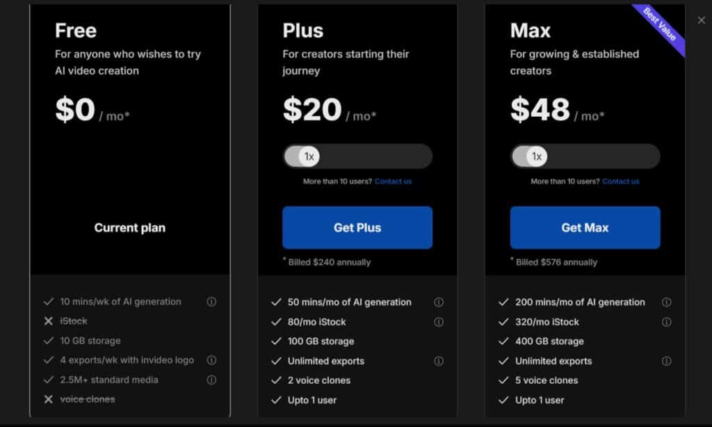 InVideo AI App Pricing