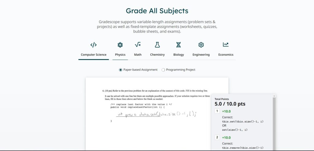 Gradescope AI App Subjects