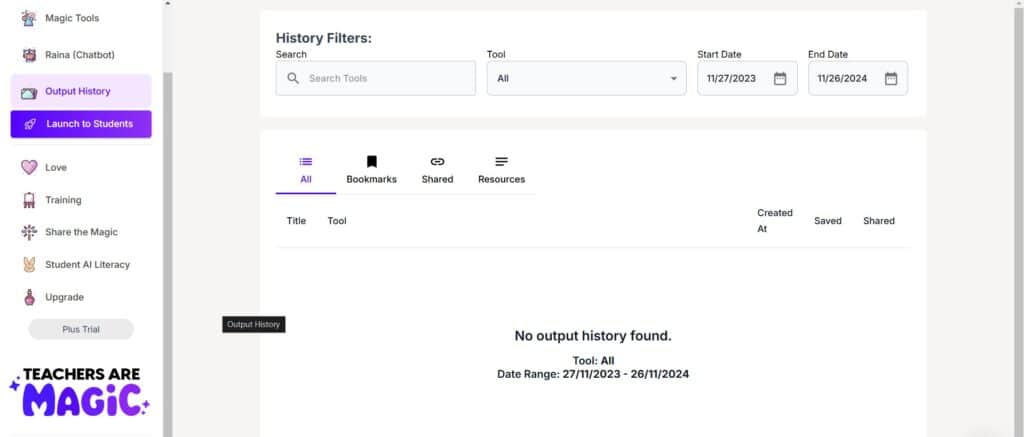 MagicSchool AI App Output History