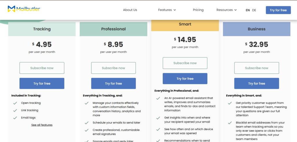 Mailbutler AI App Pricing