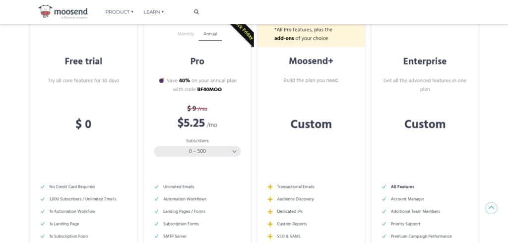 Moosend AI App Pricing