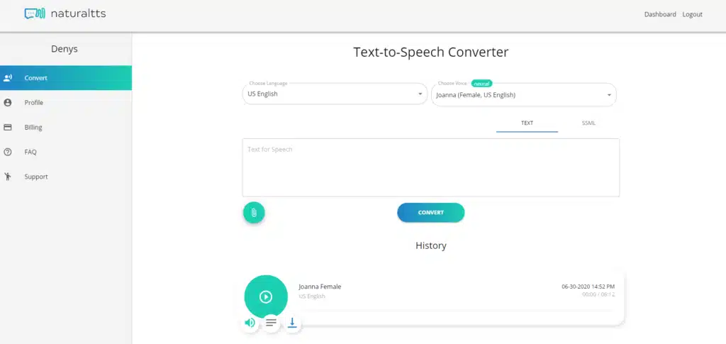 Naturaltts AI App dashboard