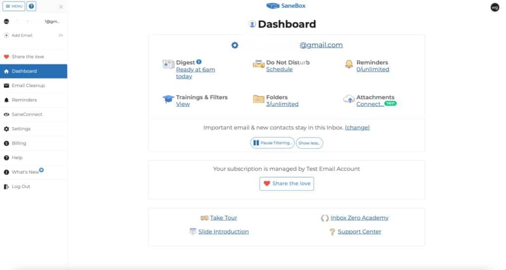 Sanebox AI App Dashboard