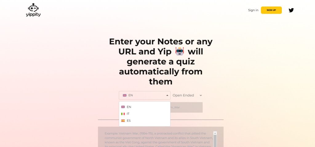 Yippity AI App Language Selection