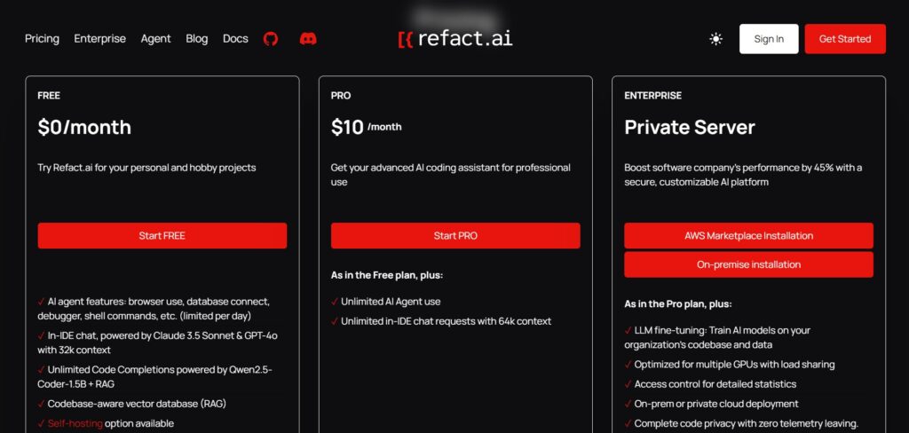 Refact AI App Pricing