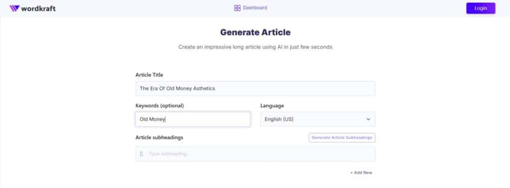 WordKraft AI App Article Generatioon