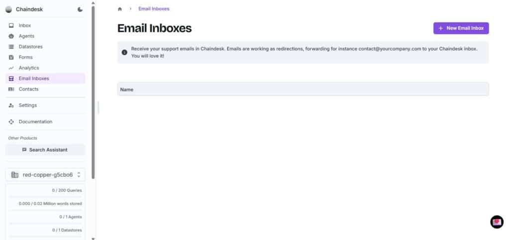 Chaindesk AI App Email Inboxes