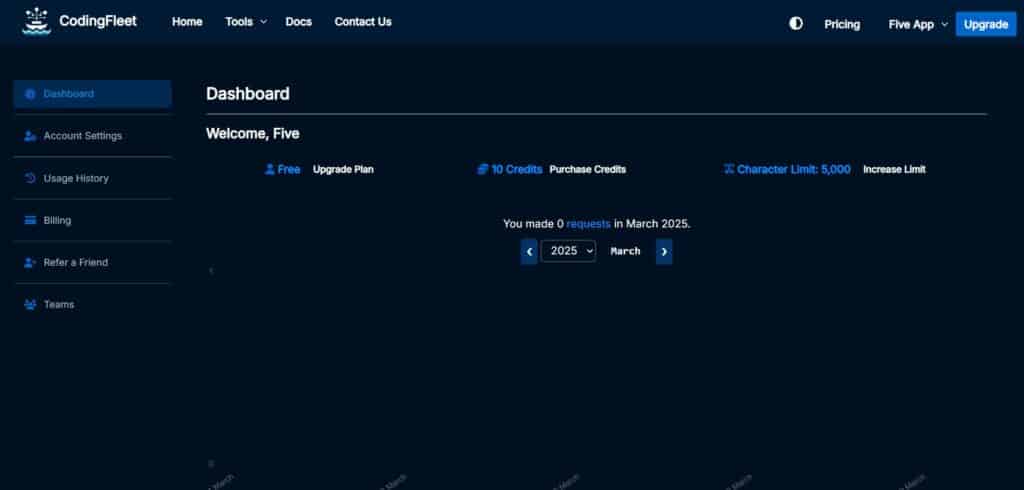 Codingfleet AI App Dashboard