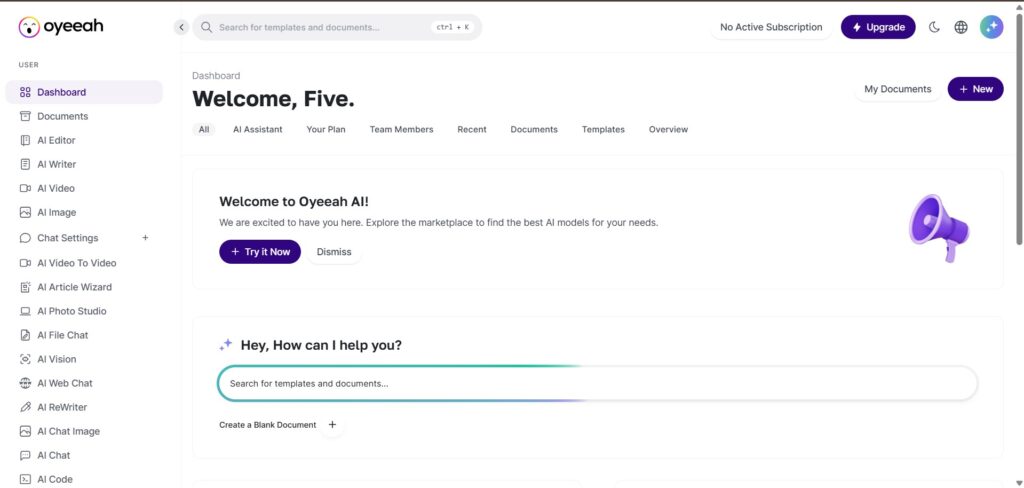 Oyeeah AI App Dashboard