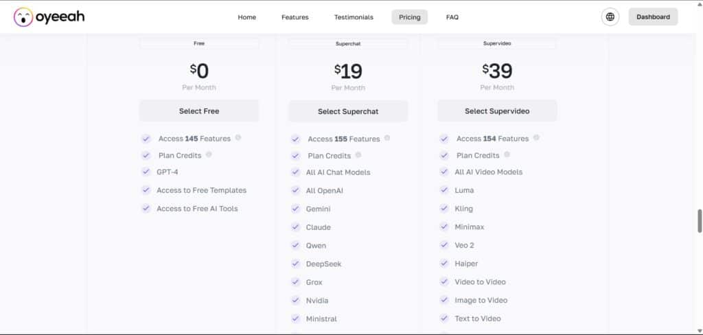 Oyeeah AI App Pricing