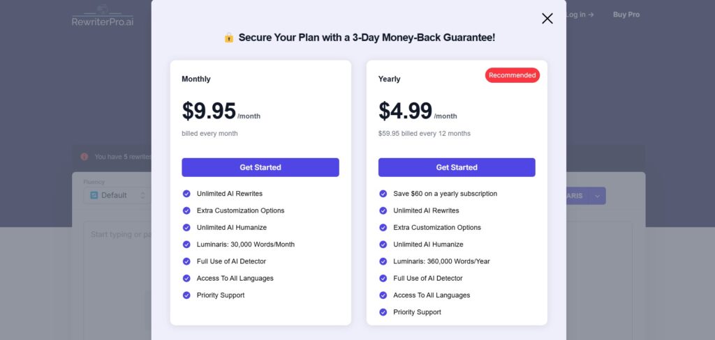 RewriterPro AI App Pricing