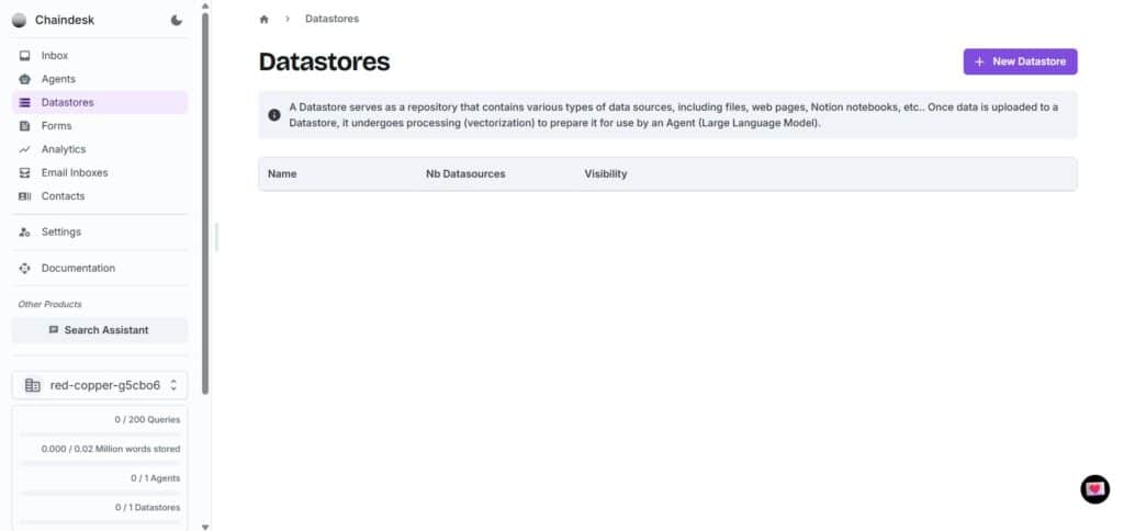 chaindesk AI App Datastores