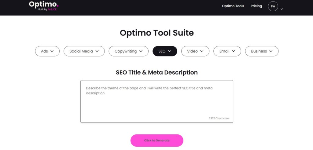 Optimo AI App SEO Titles Generator
