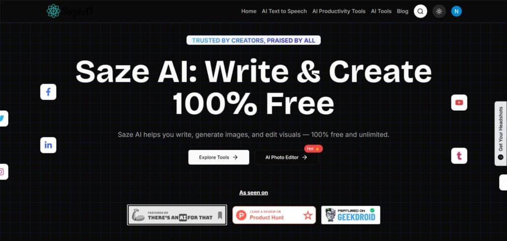 Saze ai app homepage