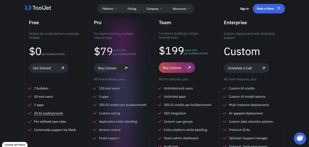 Tooljet ai app pricing