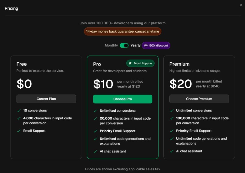 codeconvert ai app pricing