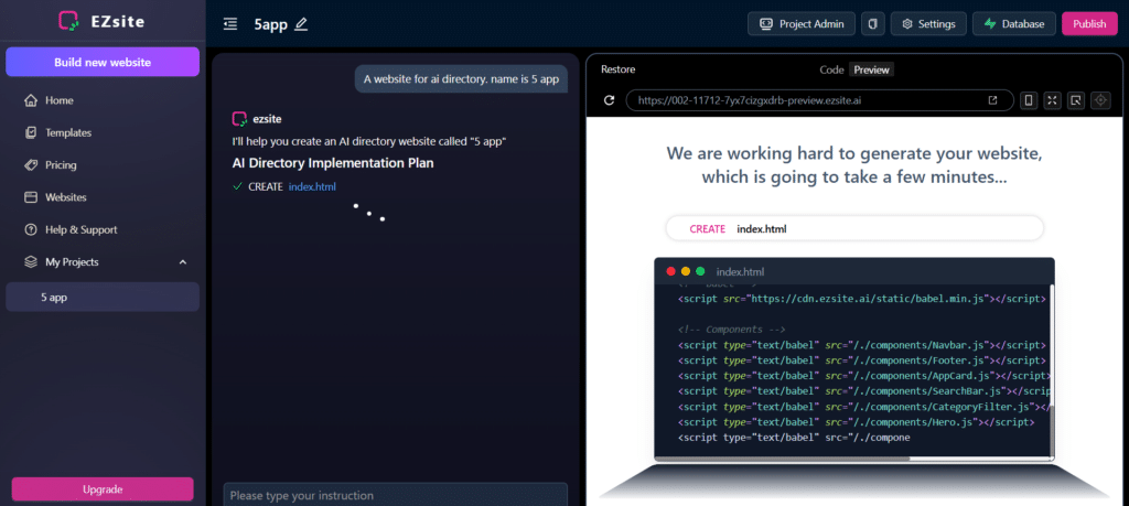 ezsite ai app generating website