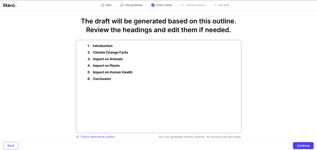 litero ai app outlines