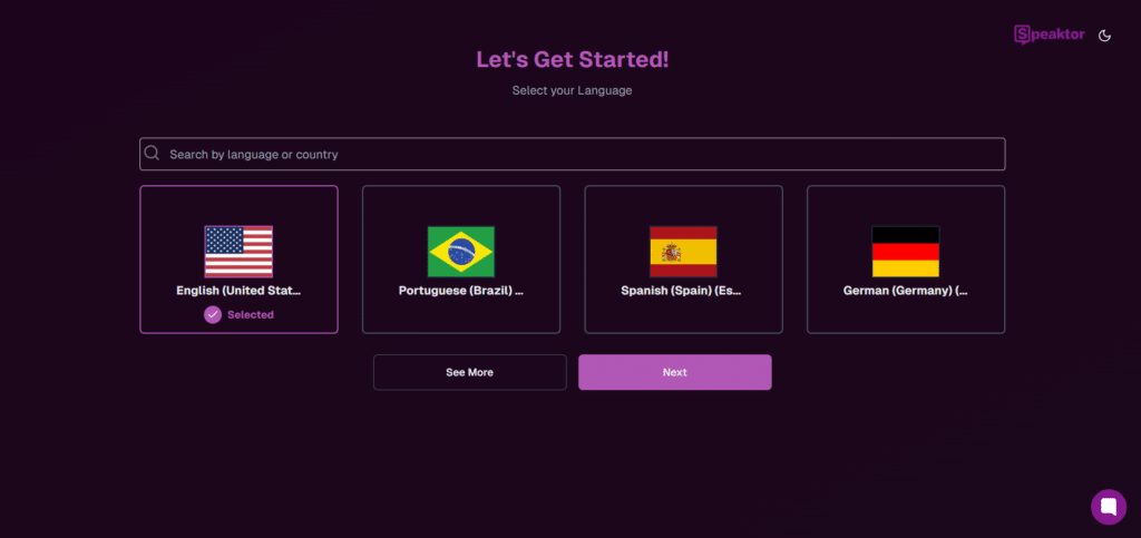 speaktor ai app language selection