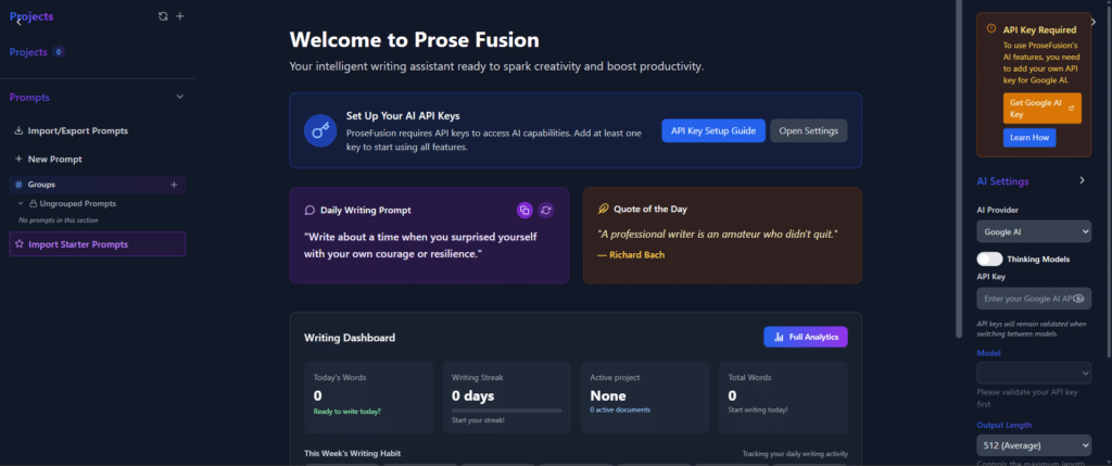 Prose Fusion AI App Dashboard