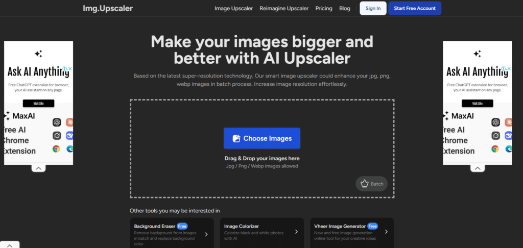imgupscaler ai app homepage