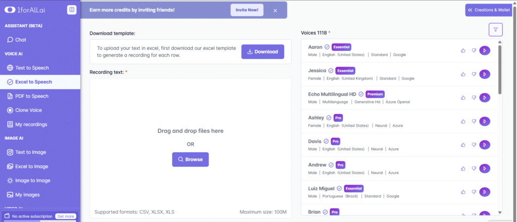 oneforall ai app excel to speech