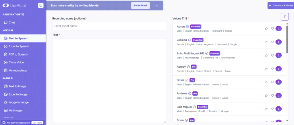 oneforall ai app text to speech