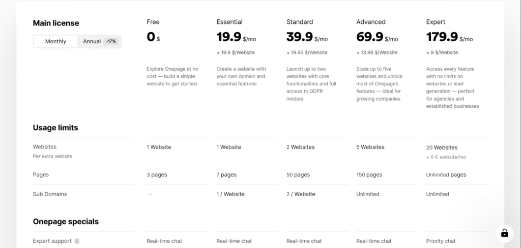onepage ai app pricing