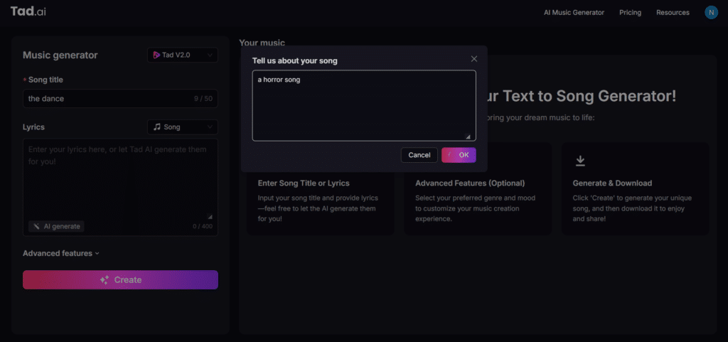tad ai app lyrics generation