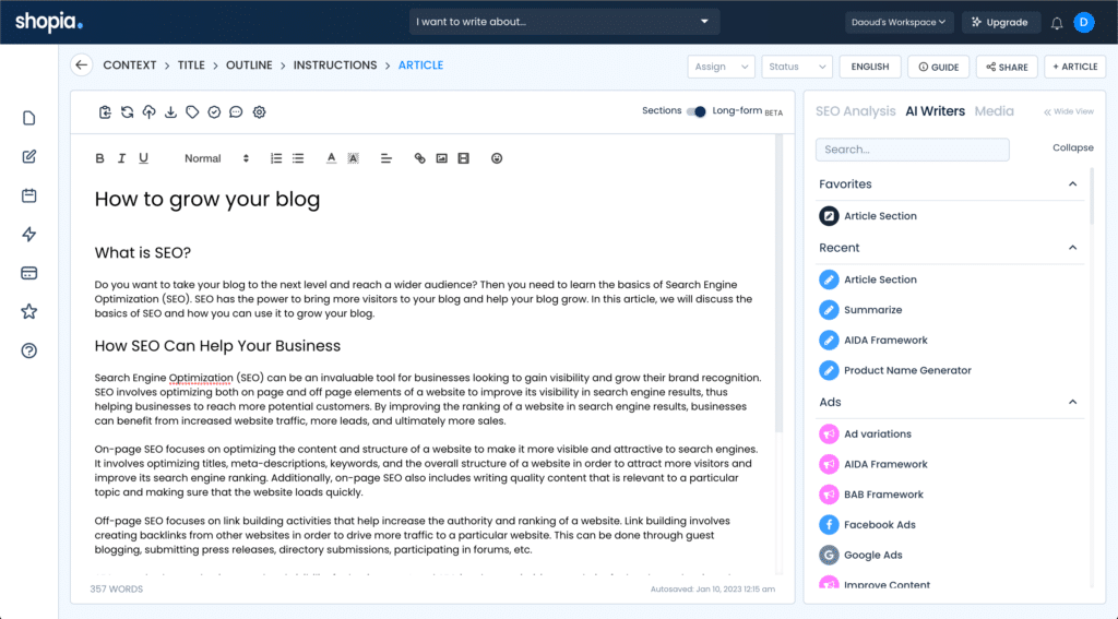 shopia ai app article writer