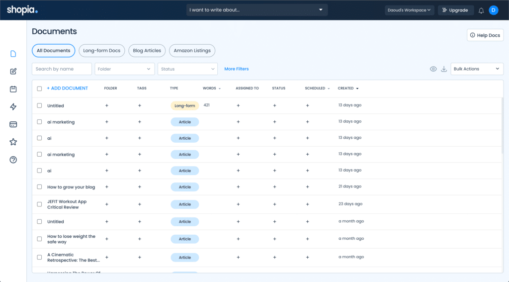 shopia ai app documents page