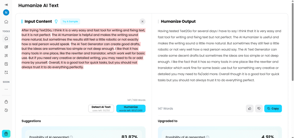 text2go ai app humanizer