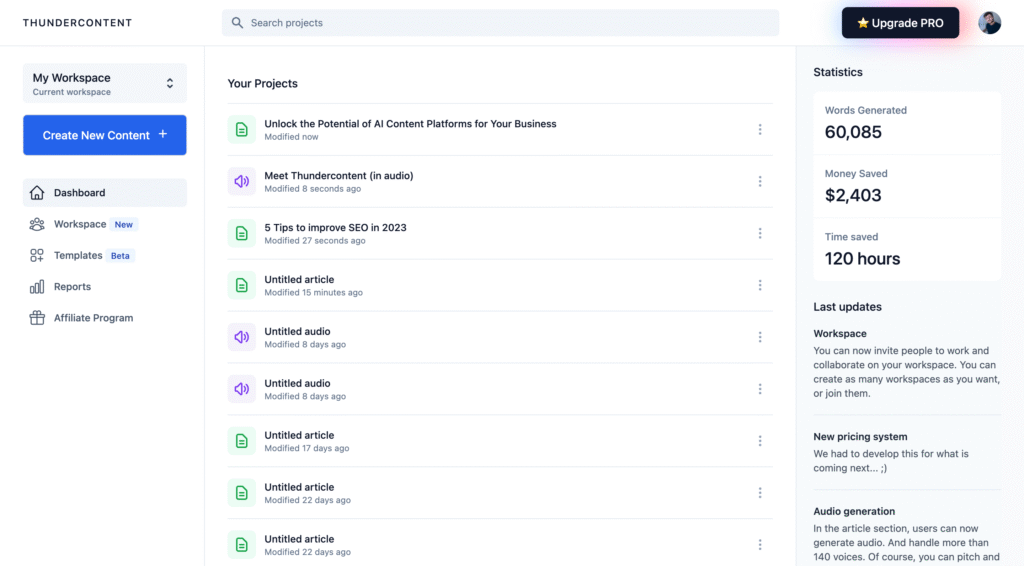 thundercontent ai app dashboard