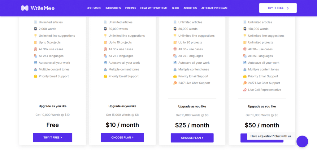 write me ai app pricing