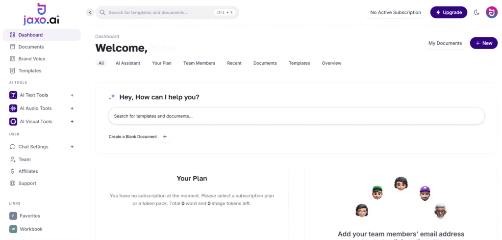 Jaxo ai app dashboard