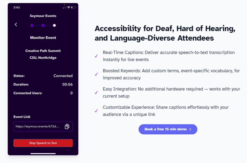 Seymour.events ai app speech to text