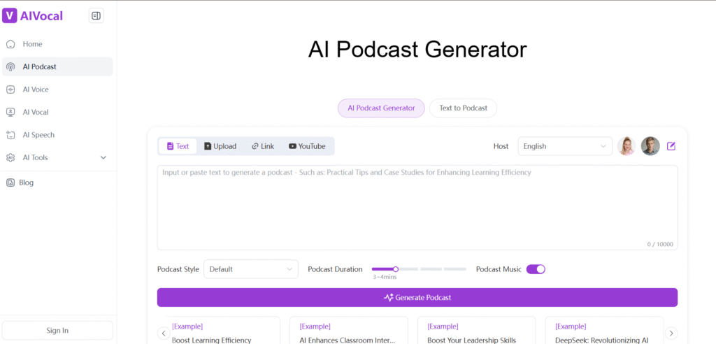 ai vocal ai app podcast generator
