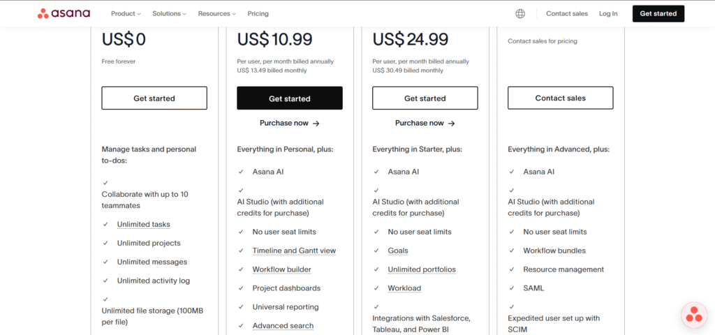 asana ai app pricing